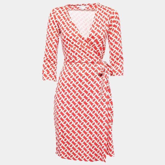 Diane Von Furstenberg Jeanne Red Chain Link Long Sleeve 100% Silk Wrap Dress 10 - Picture 1 of 6